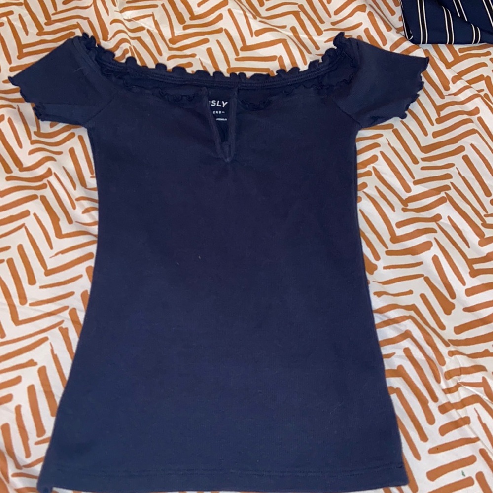 aero navy blue across the shoulders top